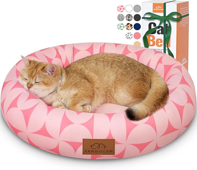 Cat Bed, 20In Dog Beds for Small Dogs, Calming Cat & Dog Beds for Indoor Pets, Pet Beds Comfortable Donut Round Ultra Soft (Pink Pattern, 20.0" L x 20.0" W x 6.5" Th)