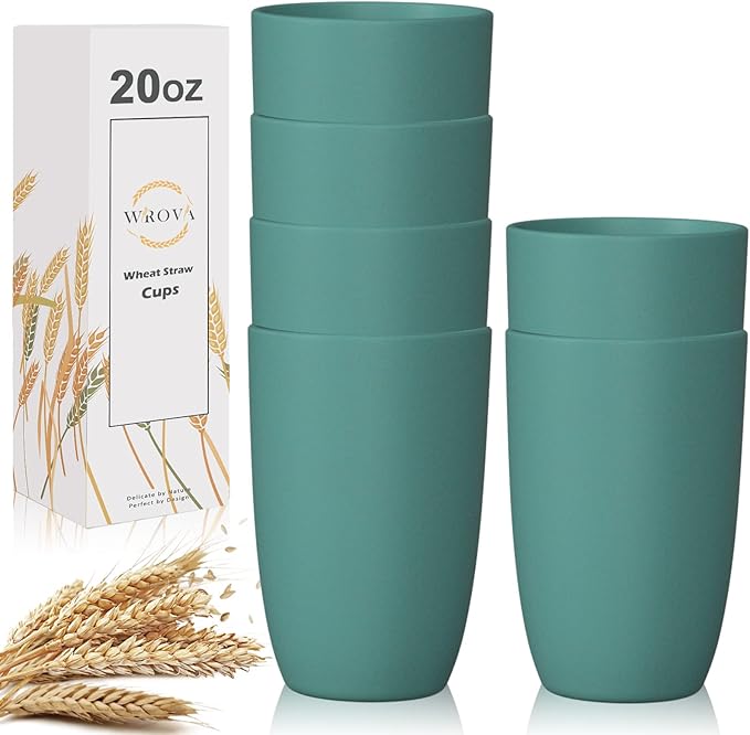 Wrova Wheat Straw Cups 6 PCS Good Alternative to Plastic Reusable Cups 20 oz Unbreakable Drinking Cup Reusable Dishwasher Safe Water Plastic Glasses Green