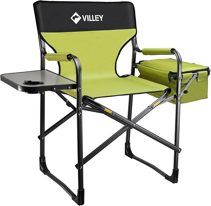 VILLEY Heavy Duty Directors Chair, Folding Camping Chairs, with Cooler Bag Portable Foldable Chair, for Camp Tailgating Lawn Picnic Fishing Beach, Supports 400 LBS, Green