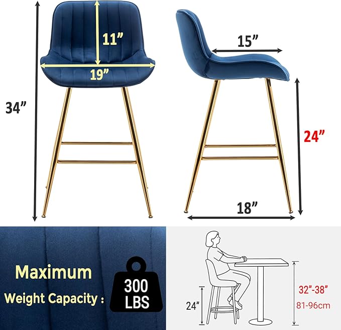 Sidanli Blue Bar Stools Set of 2, 24 Inch Velvet Counter Height Bar Stools with Footrests, Modern Bar Chairs for Home, Kitchen Island, Dining Room