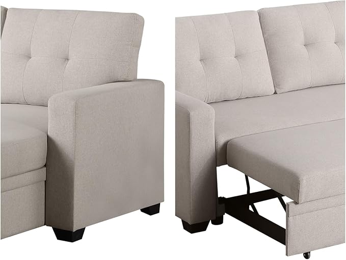 L-Shape Sofa Bed, 82" Sectional Couch with Storage Chaise, Pull Out Sleeper Sofa with Removable Back Cushions, Convertible Corner Couch for Living Room Apartment, Beige