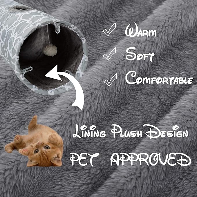 LUCKITTY Geometric Straight Cat Tunnel with Plush Inside,Cats Toys Collapsible Tunnel Tube with Balls, for Rabbits, Kittens, Ferrets,Puppy, Diameter 9.8 Inch