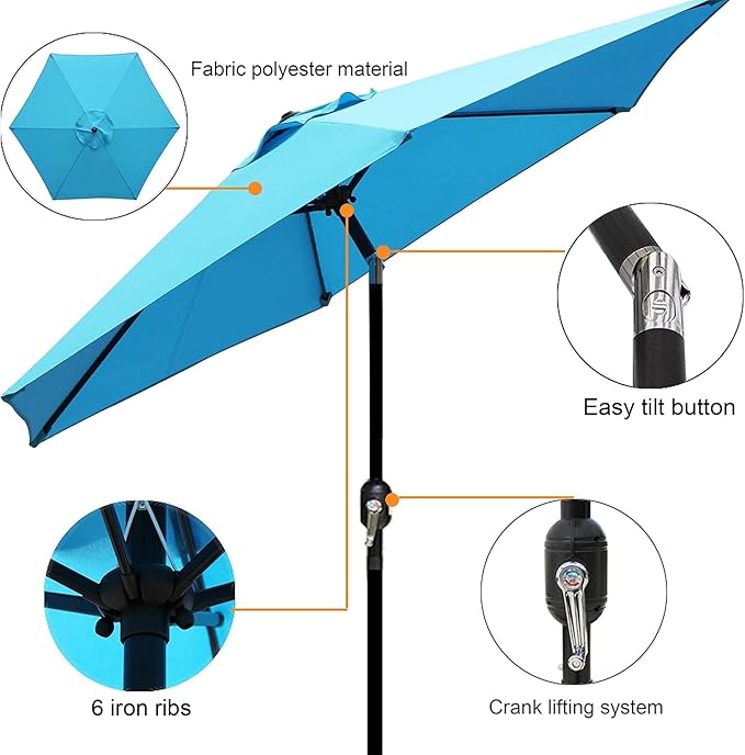 Blissun 7.5 ft Patio Umbrella, Yard Umbrella, Outdoor Market Umbrella with Push Button Tilt Crank (Light Blue)