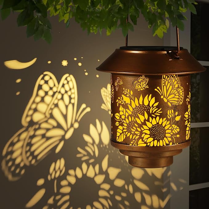 Solar Lantern Outdoor Hanging Sunflower Lights Gifts for Women Mom Metal Garden Decor Outside Waterproof LED Lanterns for Patio(Butterfly)
