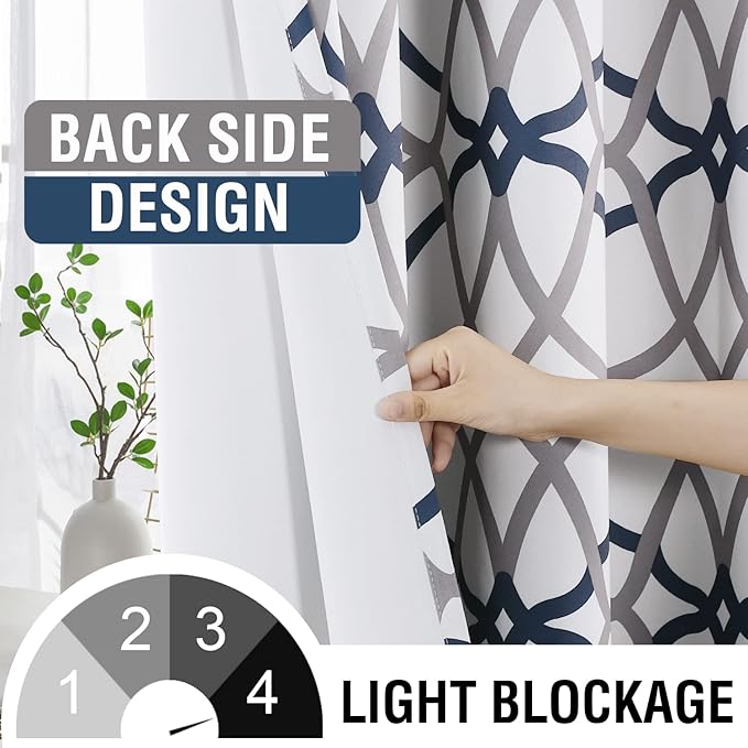 H.VERSAILTEX Blackout Curtains for Bedroom Printed Design 108 Inch Length Thermal Insulated Curtains for Living Room Geometric Modern Grommet Window Drapes 2 Panels Set, Dark Denim and Grey