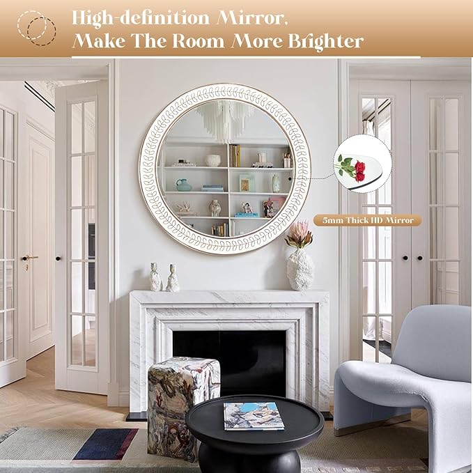 24 inch Round Rustic Wooden Mirrors, Distressed Circle Mirror for Bathroom, Bedroom, Living Room, Entryway, Fireplace, Hall