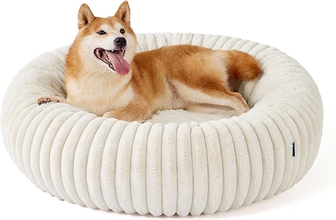 Bedsure Donut Large Dog Bed - Washable Faux Fur with Corduroy Fleece & Anti Slip Bottom, Round Pet Bed with Removable Cover, Cream, 36x36x8 inches