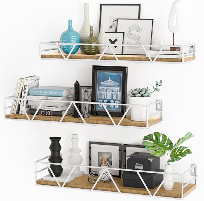 Floating Shelves Set of 3, Home Wood Wall Shelf, Farmhouse Shelf for Bedroom, Wall Mounted Floating Shelf for Living Room, Bedroom, Bathroom, Kitchen, Office (White)
