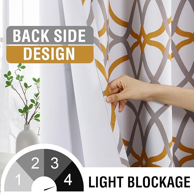 H.VERSAILTEX Blackout Curtains Printed Design 108 Inch Length 2 Panels Set Thermal Insulated Curtains for Bedroom Living Room Geometric Modern Grommet Window Drapes - Mustard and Grey