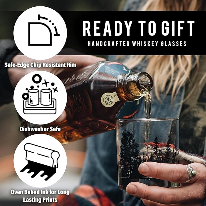 Black Lantern Set of 2 Whiskey Glasses Old Fashioned Glasses for Cocktails Whisky Scotch and Bourbon, Two Premium 11oz. Tumbler Glasses with Mountain and Clouds Screen Printed Design