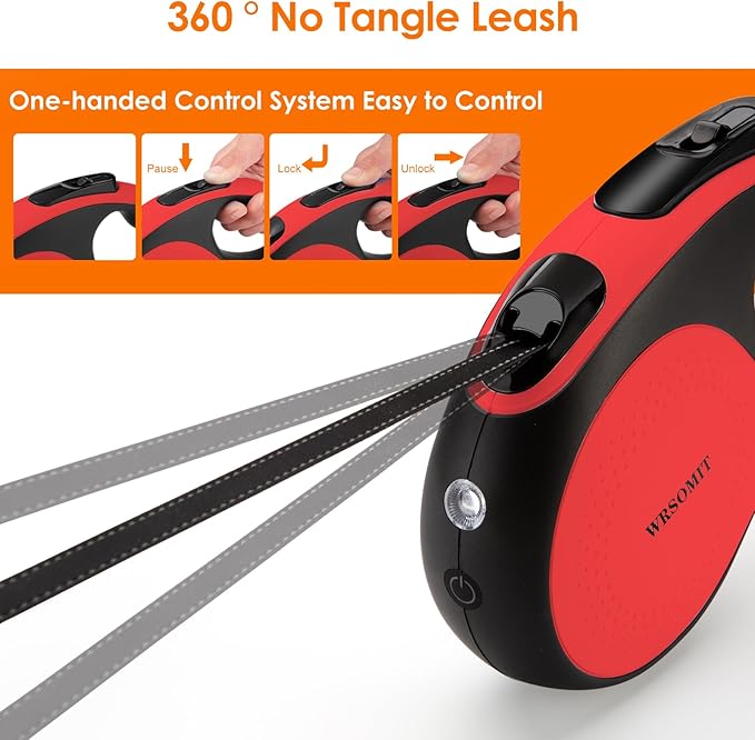 Retractable Dog Leash with Chew Proof Cable and LED Flashlight, 16Ft Heavy Duty Dog Leash for Medium Large Dogs up to 110lbs, 360째 No Tangle (Red+16ft+LED)