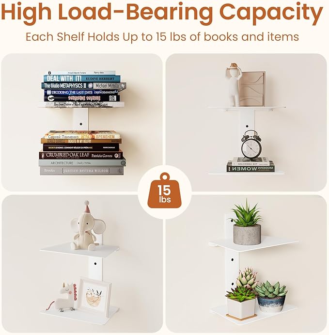Invisible Bookshelf for Wall, 8 Tier Floating Bookshelf Made of Heavy Duty Metal, Vertical Spine Book Tower Hanging Wall Bookshelf, Floating Book Shelves for Wall, 4 Pack White