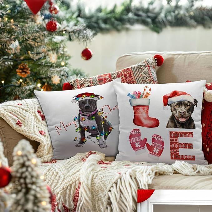Pitbull Christmas Pillow Covers 18x18, Gifts for Pitbull Lovers Women, Mom Gifts, Merry Christmas Xmas Pillow Covers, Living Room Bedroom Decor, Set of 2