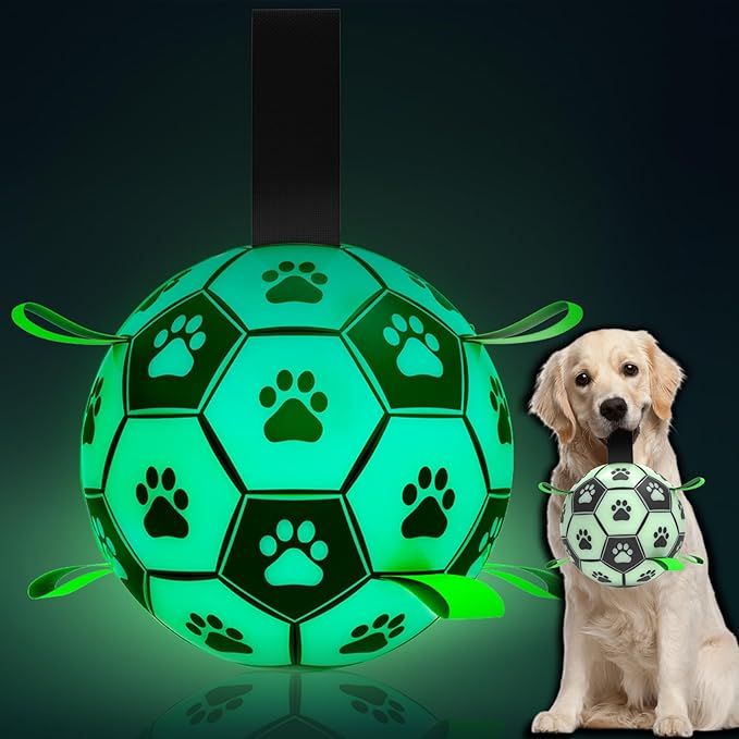 QDAN Glow in The Dark Dog Toys Soccer Ball with Straps - Light Up Dog Balls for Large Dogs, Interactive Dog Toys with Strap for Tug of War,Puppy Birthday Gifts (8 Inch)