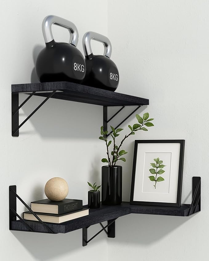 BAYKA Wall Shelves for Bedroom Decor, Floating Wall Shelves for Living Room Kitchen Storage, Wall Mounted Rustic Wood Floating Shelves for Kids Books, Corner Shelves for Bathroom, Office(Set of 3)