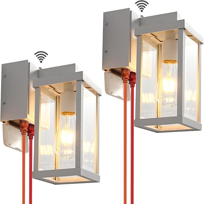 Dusk to Dawn Porch Lights with GFCI Outlets Waterproof Outdoor Wall Lights Exterior Lighting Fixtures Modern Outside Lights Wall Mount for House Patio Garage,White,11.8''H, 2 PC