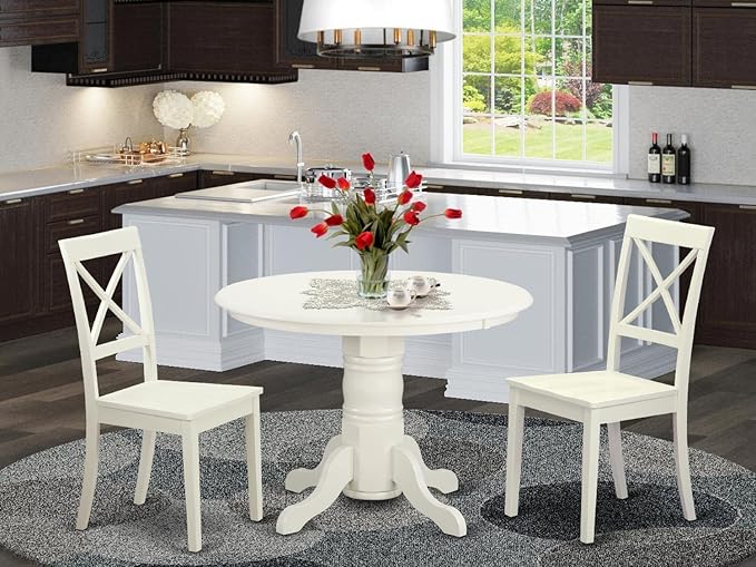 East West Furniture SHBO3-WHI-W 3 Piece Dinette Set for Small Spaces Contains a Round Dining Room Table with Pedestal and 2 Kitchen Dining Chairs, 42x42 Inch, Linen White