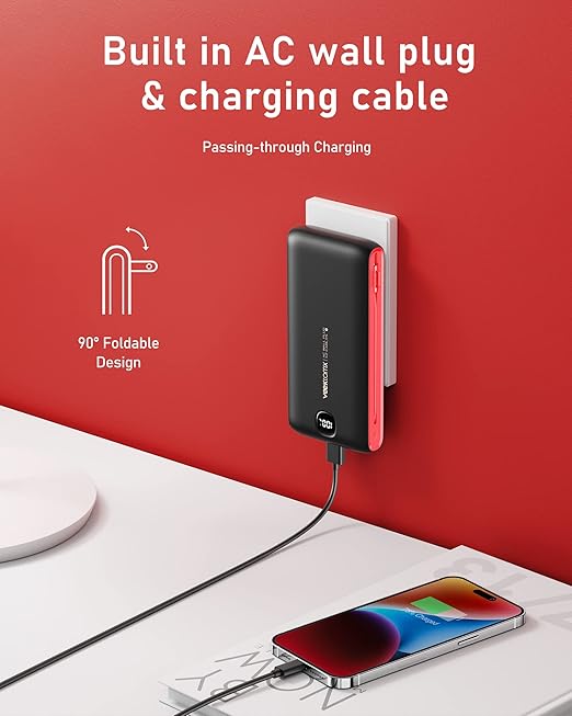 VEEKTOMX Portable Charger with Built in Cables 20000mAh, Power Bank for iPhone with AC Wall Plug, Fast Charging USB C Slim Battery Pack with LED Display Compatible with iPhone15/14/13, Samsung