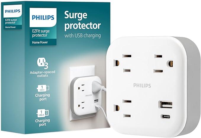 Philips EZFit 3-Outlet Surge Outlet Extender with USB, 1 USB-A, 1 USB-C, Adapter Spaced, Charging Station, 12W, 980 Joules, White - SPP9393W/37