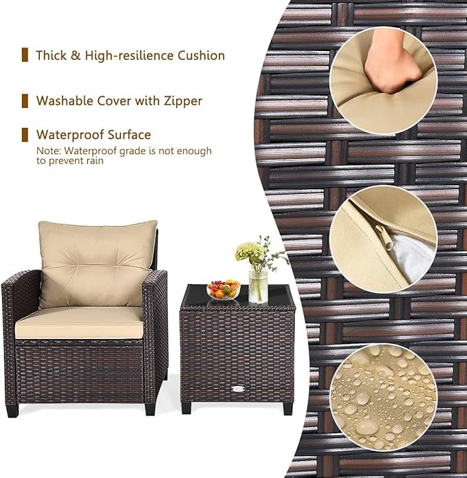 RELAX4LIFE 3 Piece Patio Furniture Set, Wicker Bistro Conversation Set w/ 2 Cushioned Armchairs & Glass Topped Table, Outdoor Rattan Sofa Set Patio Furniture for Porch Balcony Poolside (Beige)