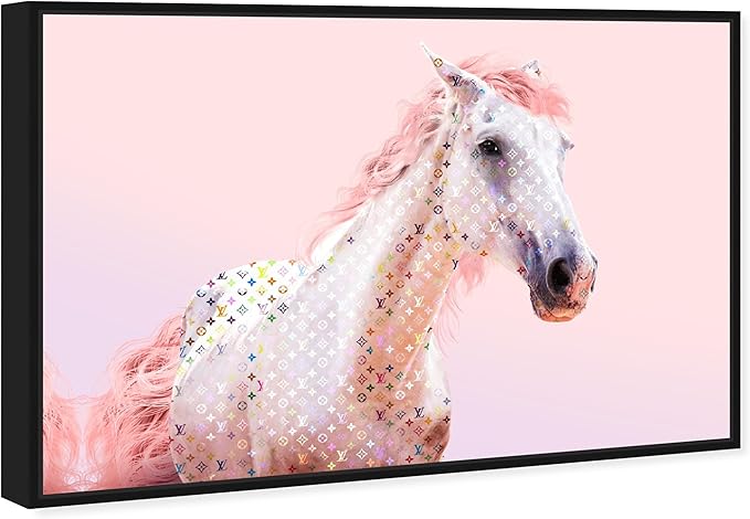Country Farmhouse Canvas Print Painting Animal Wall Art 'Pink Glam Horse' Black Framed Canvas Rustic Home Décor 36x24 in Pink, White by Oliver Gal