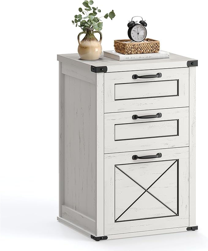 VASAGLE File Cabinet, Filing Cabinet with 3 Drawers, Printer Stand, Fit A4, Letter Size, Hanging File Folders, Modern Farmhouse Style, for Home Office, Rustic White UOFC054T73