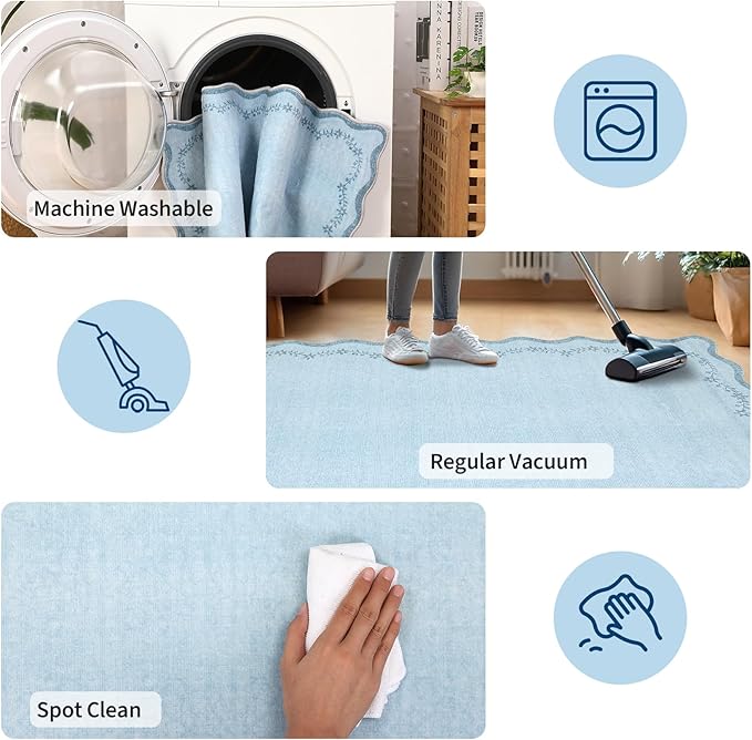 GarveeHome 4x6 Blue Scalloped Washable Area Rug for Girls Bedroom, Solid Floral Soft Nursery Rug Non Slip Low Pile Small Carpet Stain Resistant Throw Rug for Dorm Kids Room Office Dining