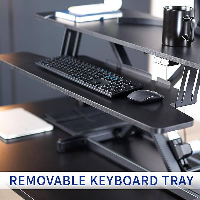 VIVO 42 inch Electric Motor Desk Converter, Height Adjustable Riser, Sit to Stand Dual Monitor and Laptop Workstation with Wide Keyboard Tray, Black, DESK-VE42B