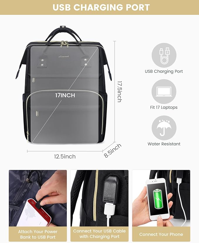 LOVEVOOK 17.3 Inch Laptop Backpack, Large Travel Backpack for Women, Water Resistant Teacher Backpack with Laptop Compartment, Professional Business Work bags with Charger, Black