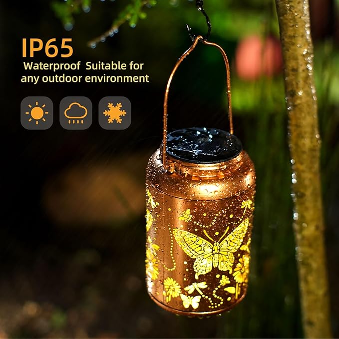 Solar Lanterns Outdoor Butterfly Hanging Solar Lights Butterfly Christmas Gifts for Women Mom Metal Lantern Waterproof LED Decorative Garden Light for Yard Patio Front Porch Outside Gardening Décor