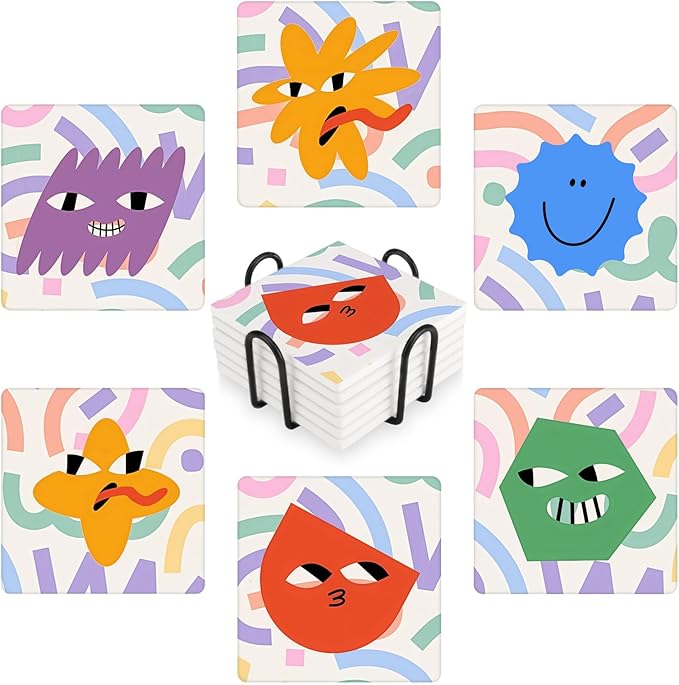 MAYCARI Cartoon Funny Grimace Face Coasters Set of 6 Cork Backed Cute Coasters with Metal Holder Original Ceramic Surface Drink Cup Mats for Tabletop Protection Modern Desk Decoration Birthday Gifts