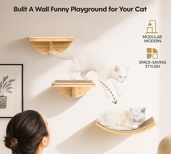 Wood Cat Wall Bed with Sisal Mat ??Curved Cats Shelf for Scratching and Sleeping, Wall Mounted Cat Furniture for Large Cats