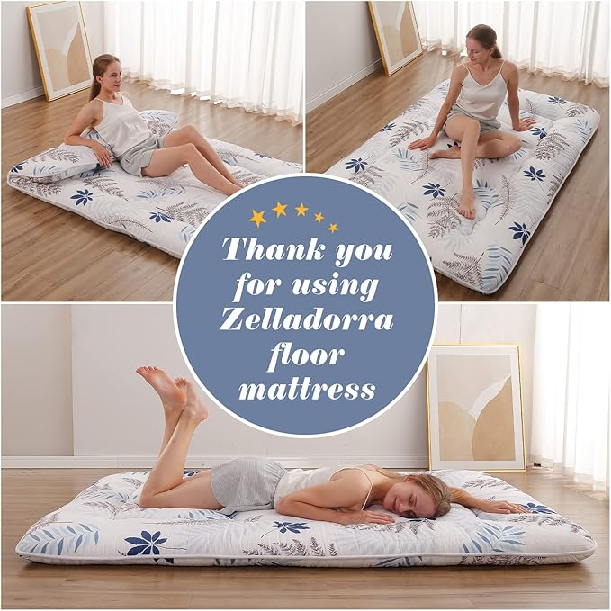 Japanese Floor Mattress, Futon Mattress with Portable Storage Bag and Washable Cover, Roll Up Thick Tatami Mat Suitable for Camping, Guest Room, White Leaf, Twin