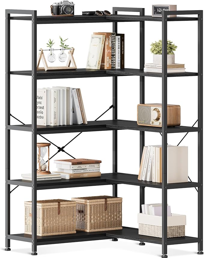 Casaottima Corner Bookshelf 5 Tier, 57 Inches Reversible Book Shelf for Living Room, Industrial Wooden Bookcase with Open Shelves and Metal Frame for Bedroom, Home Office, Kitchen, Black