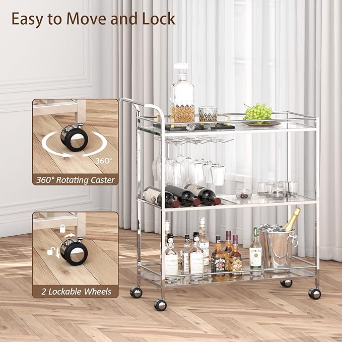 Bar Cart Silver, Home Bar Serving Cart, Modern Bar Cart with 3-Tier, Mobile Kitchen Shelf with Wine Rack and Glass Holder, Bar Carts for The Home, Dining Room, Living Room