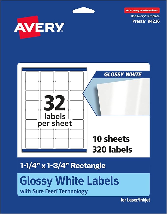 Avery Glossy White Rectangle Labels, Sure Feed Technology, 1.25" x 1.75", 320 Glossy White Labels, Permanent Adhesive, Laser/Inkjet Printable