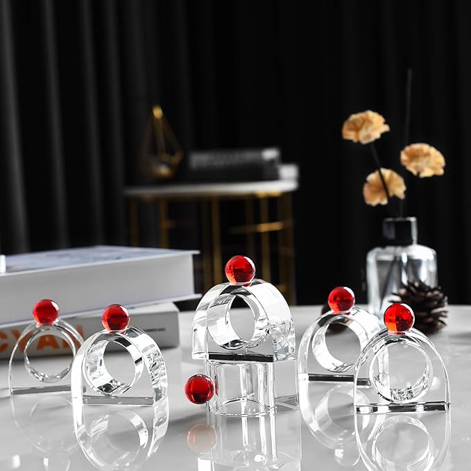 Crystal Napkin Rings Holder Silver Diamond Napkin Rings Pack of 6 Pieces with red Decor, Hotel Restaurant Wedding Party Holiday Banquet Dining Table Decor