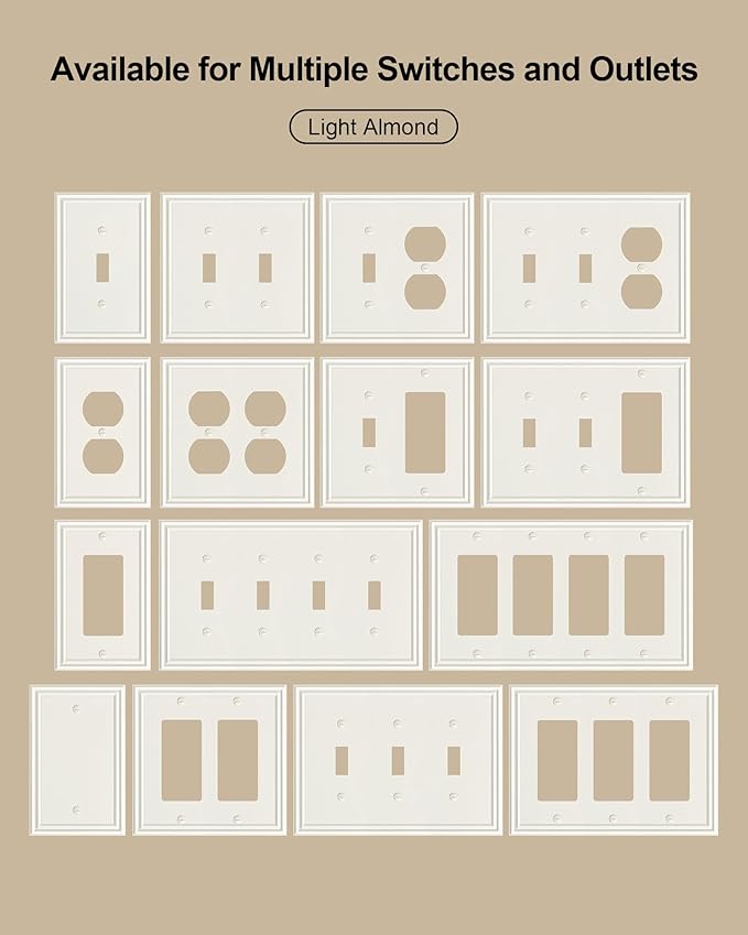 6-Pack Duplex Outlet Cover, Durable Solid Zinc Alloy Decorative Switch Plates and Outlet Covers, Light Almond Wall Plates for Electrical Outlets, 1 Gang Receptacle Cover, Corrosion Resistant