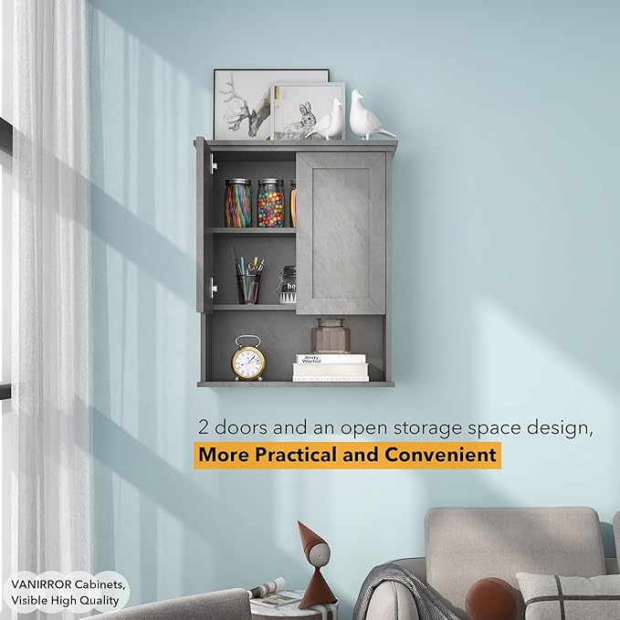 Bathroom Wall Cabinet Over Toilet Storage Cabinets 25x30 in Above Toilet Wood Medicine Cabinets for Bathroom Wall Mounted Cabinet with 2 Door & Adjustable Shelf Texture Grey