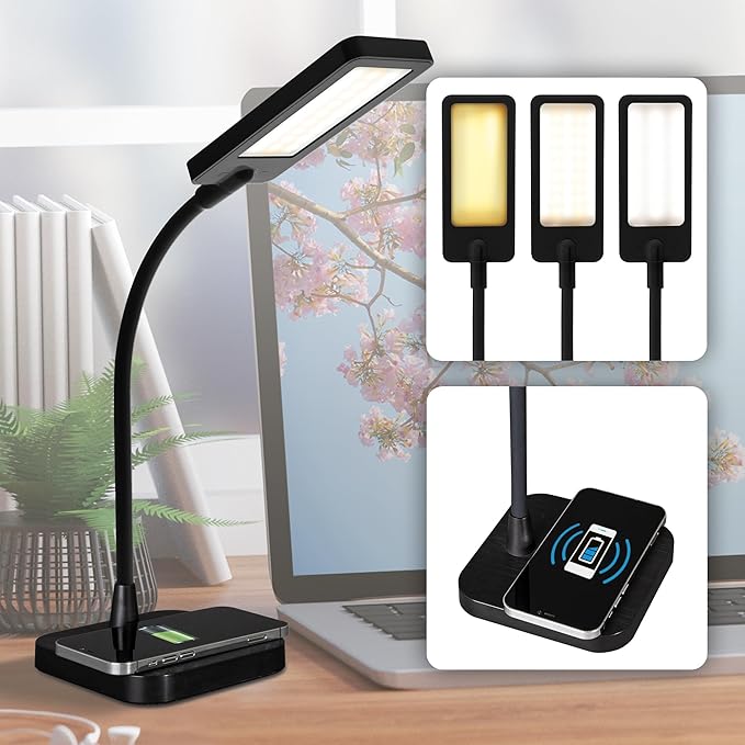 Ottlite ClearSun LED Desk Lamp with Wireless Charging - 3 Color Temperature Modes, Flexible Gooseneck - Task Lamp for Home, Reading, Office & College Dorms