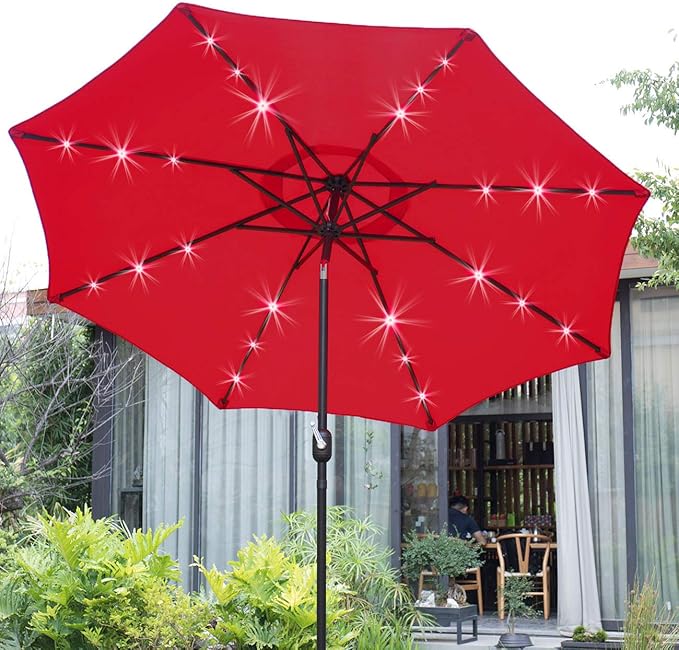 Sunnyglade 9' Solar LED Lighted Patio Umbrella with 8 Ribs/Tilt Adjustment and Crank Lift System (Red)