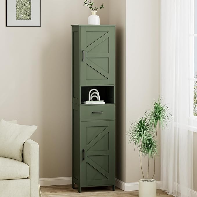Homhedy 67" H Tall Bathroom Storage Cabinet with 2 Barn Doors and 1 Drawer, Narrow Storage Unit, Adjustable Shelves, Floor Cabinet for Bathroom, Living Room, Entryway, Kitchen, Green, (15.7" W)