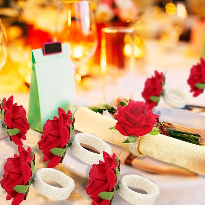 Set of 24 Red Napkin Rings Red Rose Napkin Rings Handicraft Flower Pink Flower Napkin Holder Wedding Napkin Holder Table Decoration for Mother Day Party
