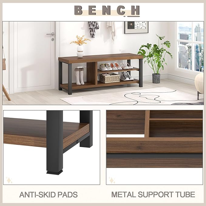FOLUBAN Shoe Bench, Modern Wood and Metal Storage Bench for Entryway Hallway, Industrial Indoor Shoe Rack Bench Seat for Bedroom, Living Room, Rustic Walnut, 43.3 Inch