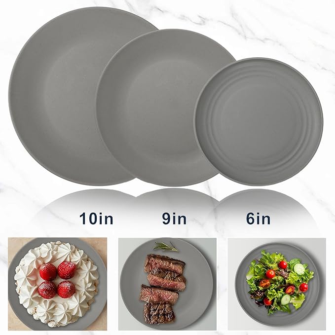 Wrova 40Pack plates and bowls sets for kitchen - Unbreakable wheat straw dinnerware sets service for 8 - Alternative plastic 40pcs dish sets for picnic,camping and R.V. - (Grey)
