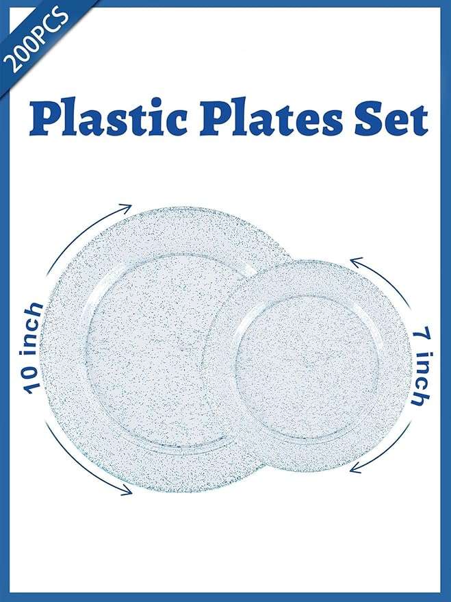 WDF 200PCS Blue Plastic Plates - Blue Glitter Plastic Plates - Heavy Duty Disposable Plates - Include 100 Dinner Plates 10" and 100 Dessert Plates 7" for Parties/Wedding/Graduation