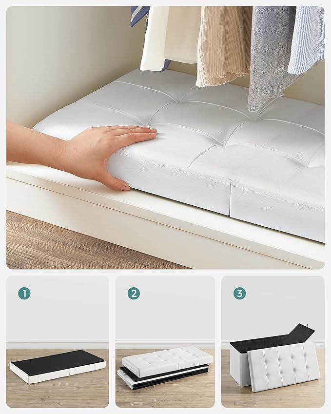 SONGMICS MAZIE Collection - 30 Inches Storage Ottoman Bench with Flipping Lid, Storage Chest Footstool, Load 660 lb, for Entryway, Living Room, Bedroom, Synthetic Leather, White ULSF45WT