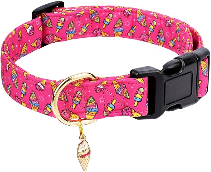 Cotton Dog Collar,Adjustable Cute Puppy Collar with Moon Patterned Design for Small Medium Large Dogs,Soft and Fancy Pet Collar with Safety Buckle for Girl Boy Dogs (Red Ice Cream, S)