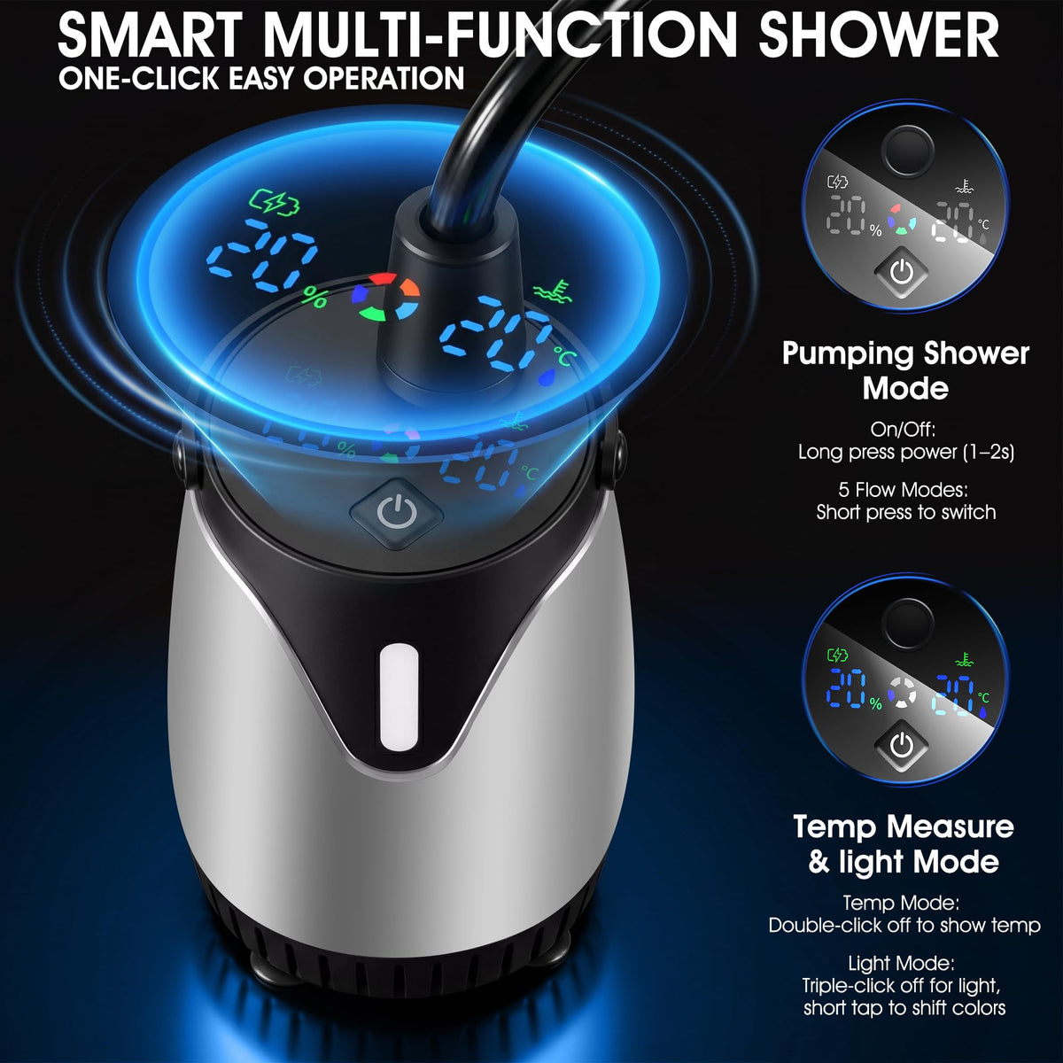 WaveHaven Portable Camping Shower, Portable Shower with Tent, 8000mAh Rechargeable Camp Shower Pump with LED Display&Ambient Light,5 Spray Modes,IPX8 Waterproof,Outdoor Camping Shower Kit for Travel