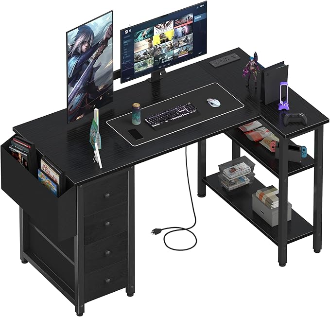 Lufeiya L Shaped Gaming Desk with Drawers & Storage Shelves, 47 Inch Reversible Corner Computer Desk with Power Outlet for Home Office Bedroom, L-Shaped Teen PC Desks with Fabric Drawer, Black